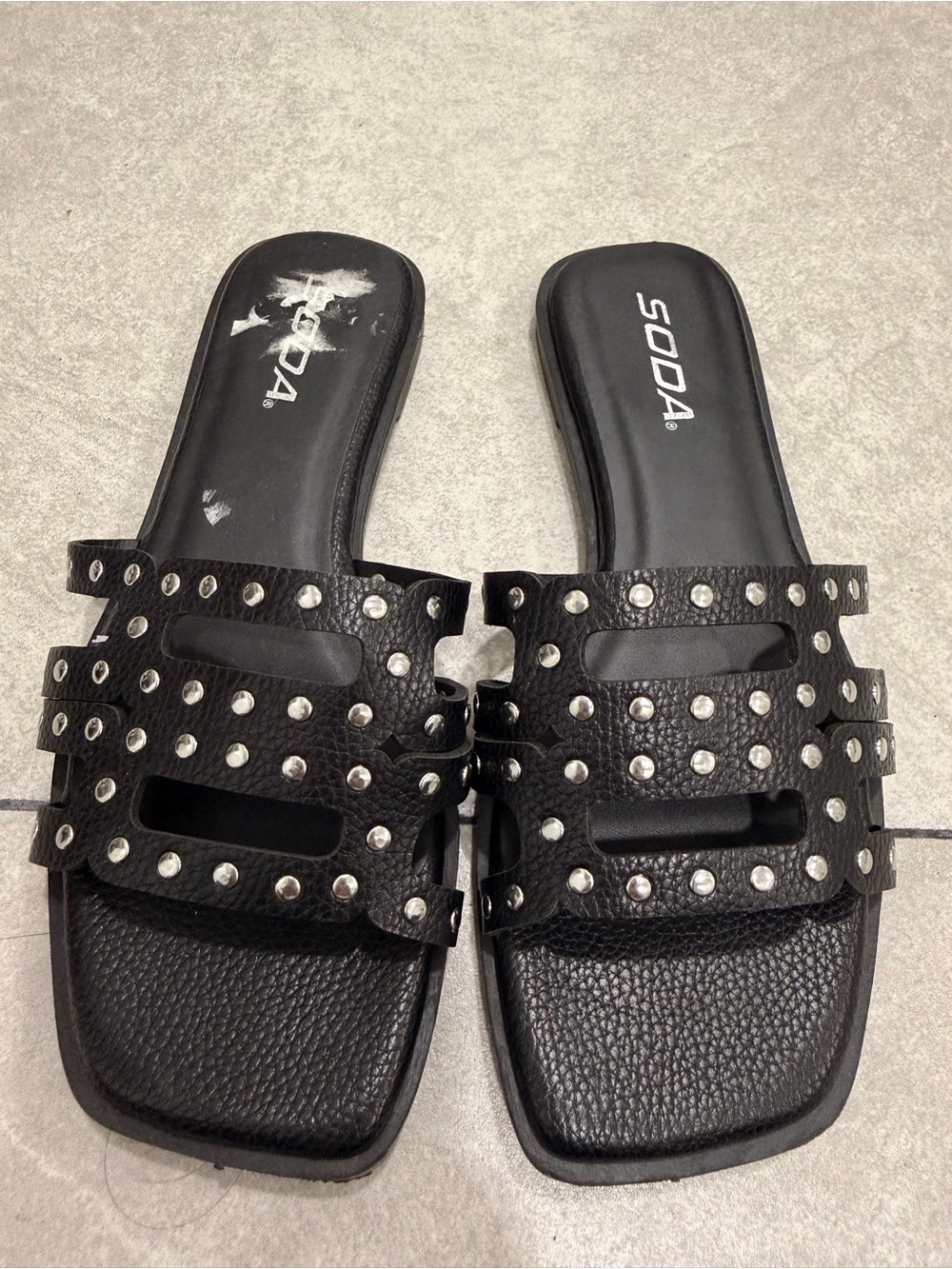 Soda Black Studded Triple-Strap Slide Flats